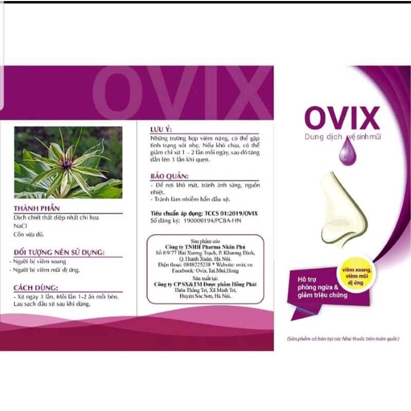 Xịt mũi Ovix người lớn 20ml dùng trong viêm xoang, viêm mũi dị ứng