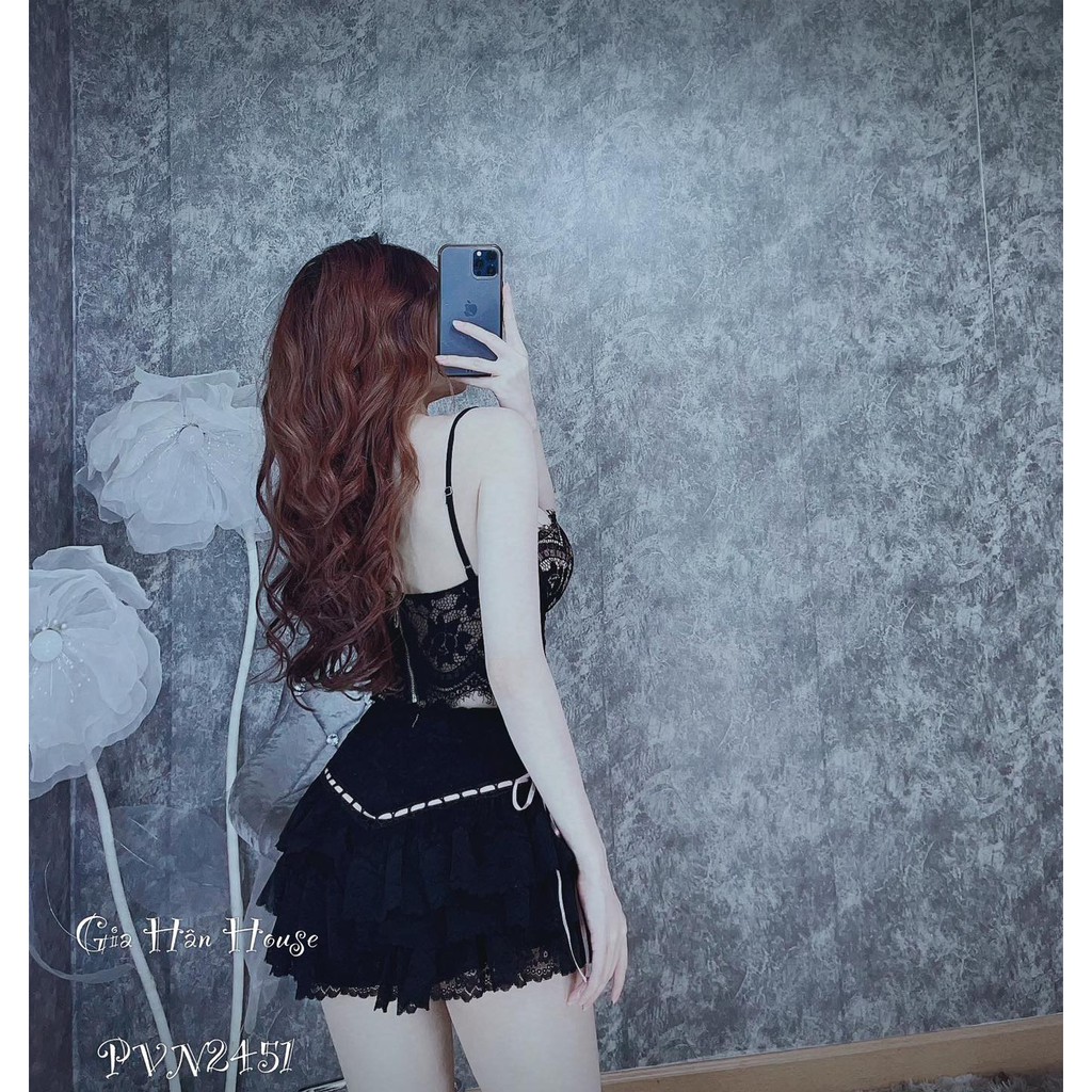 Set áo crop quần ren tầng