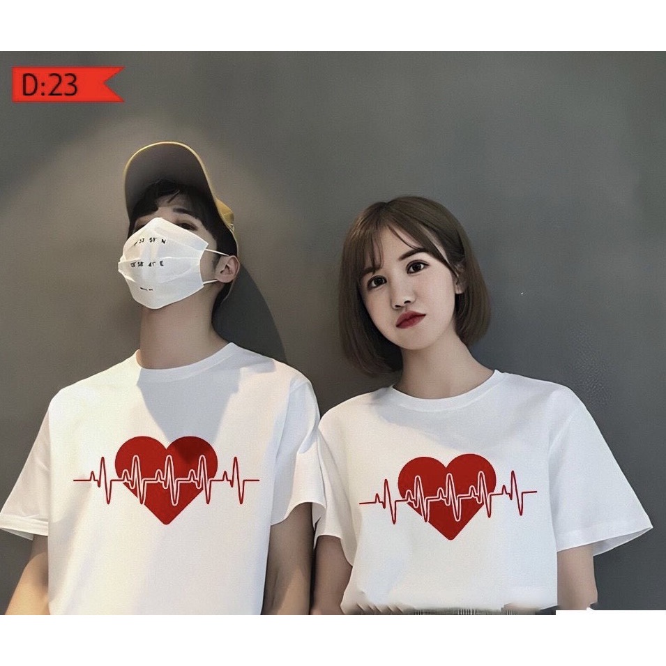 Cặp áo đôi (2 cái) in hình trái tim cổ tròn vải thoáng mát