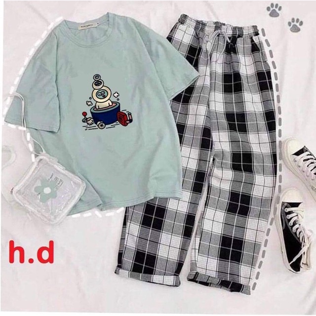 Sét Bộ Áo In Hình Thú Cute Và Quần Kẻ Đẹp Mặc Mùa Hè, Mặc Ở Nhà, Áo Phông Cotton Mát Mịn Phong Cách Hàn Quốc