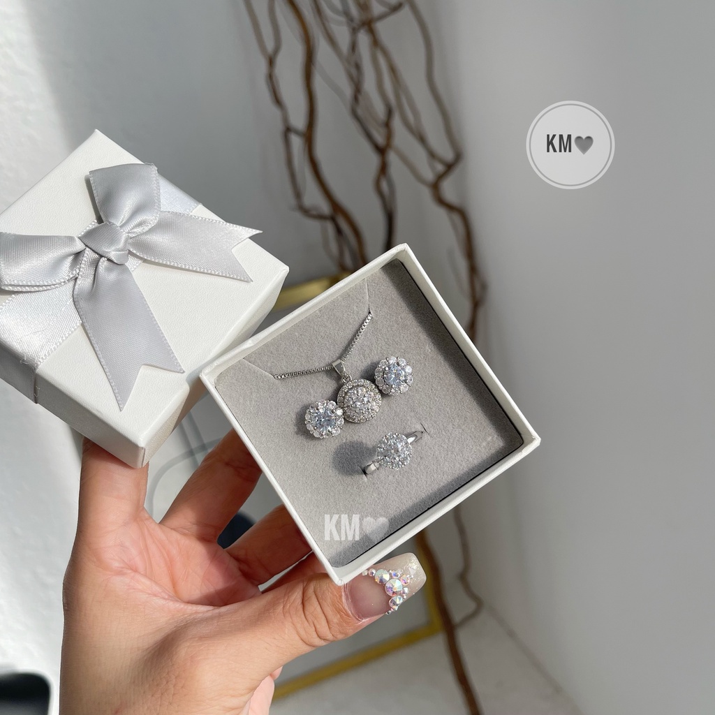 Bộ vòng cổ + bông tai + nhẫn đá xoay phong cách đơn giản cho nữ