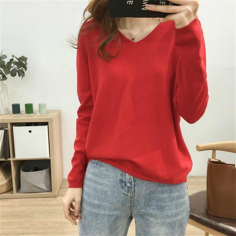 Áo Len Tay Dài Cổ Chữ V Màu Sắc Thanh Lịch Cho Nữ