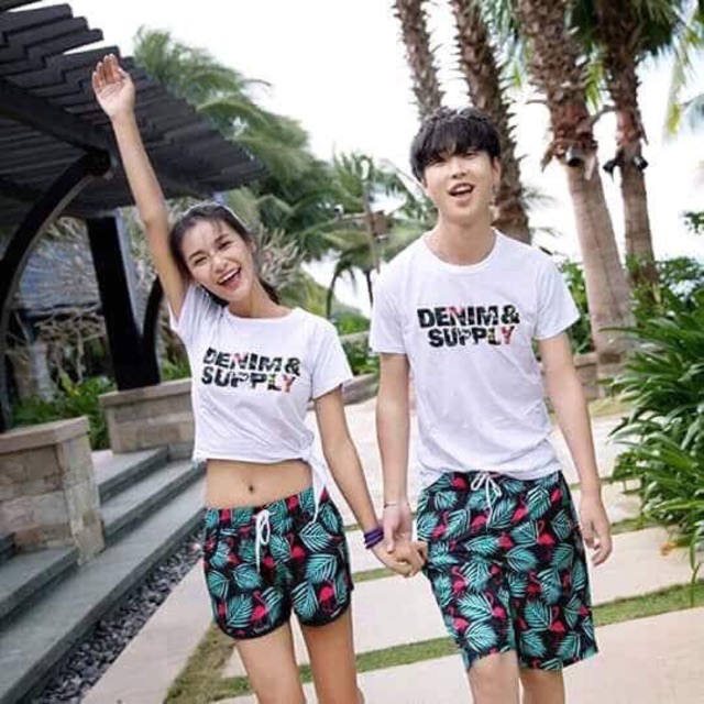 Quần bơi cặp hạc đỏ, cây lá nhiệt đới cực cool