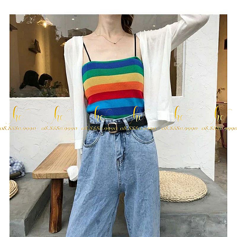 Áo 2 dây kẻ màu sắc cầu vồng nổi bật (rainbow) chất thun cotton siêu xinh Freesize 35-55kg