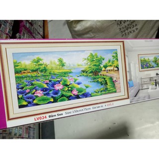 tranh đính đá cao cấp phong cảnh đầm hoa sen kt 150x75cm