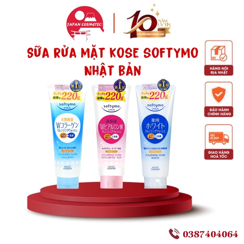 Sữa Rửa Mặt KOSE Softymo Nội Địa Nhật | SRM KOSE Collagen, White, Hyaluronic Acid 220g
