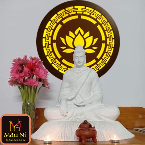 Đèn CNC thờ cúng MÂU NI 198, đk 55cm, Hoa sen khắc CNC, ốp sau lưng chính giữa bàn thờ, treo tượng Phật