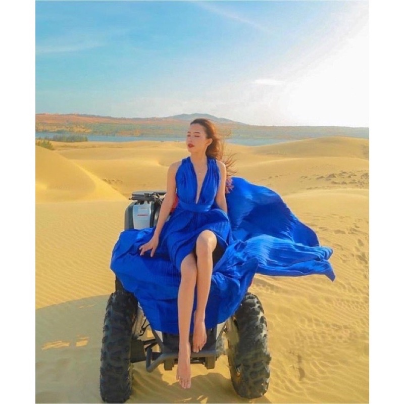 Đầm Maxi Đi Biển, Váy Maxi Dập Ly V688, Chất Thun Lụa Mềm, Co Dãn, Mầu Đỏ, Xanh, Vàng Cho Dáng Dài Miên Man