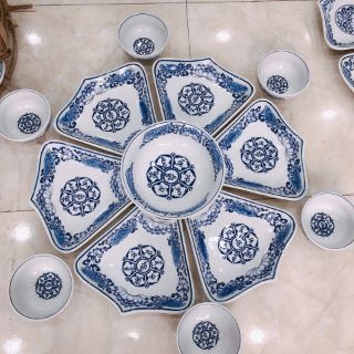 Bộ đĩa bát hoa mặt trời men lam