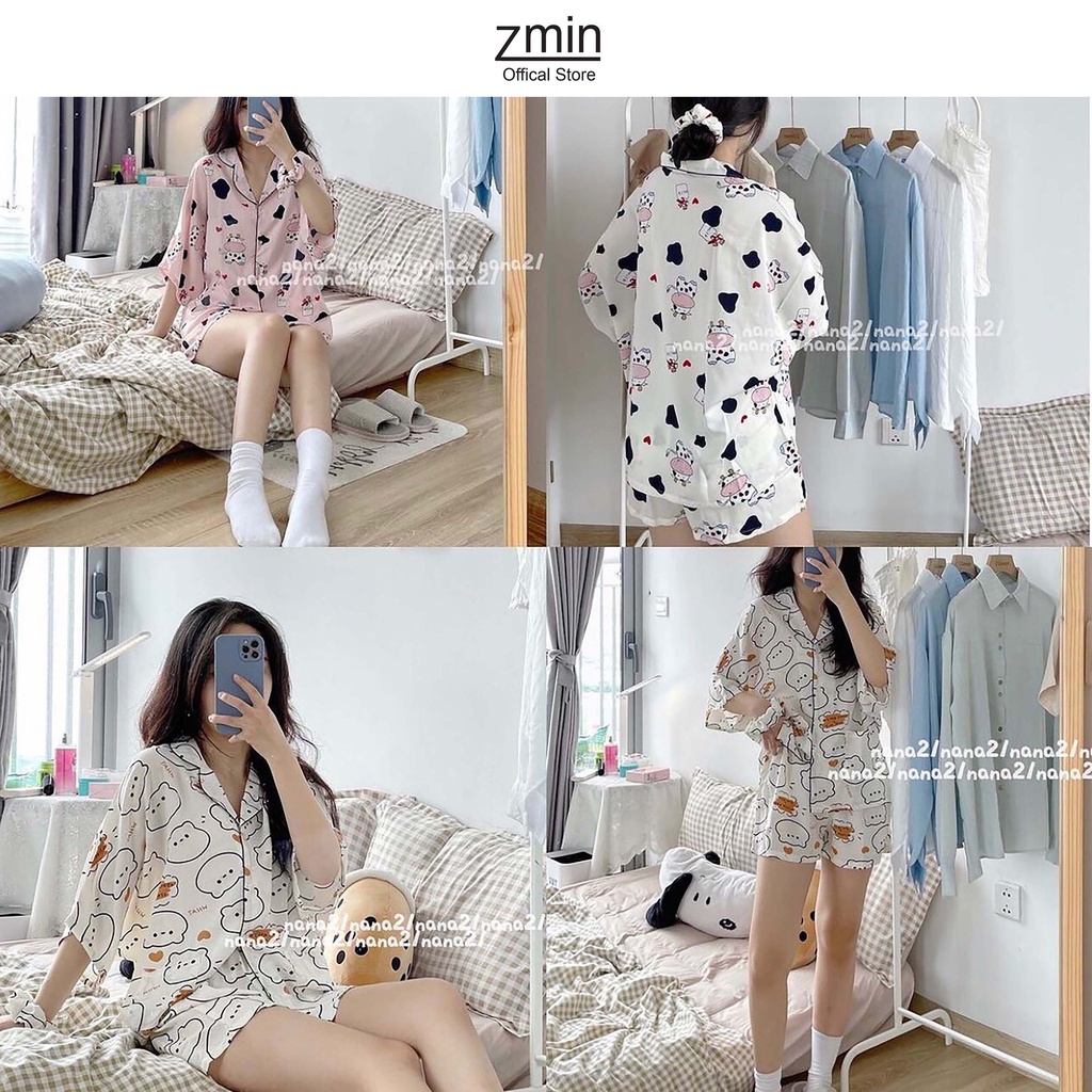 Sét pijama  đồ ngủ mặc ở nhà nữ hình bò sữa Zmin, chất liệu vải lụa cao cấp - A007 | WebRaoVat - webraovat.net.vn