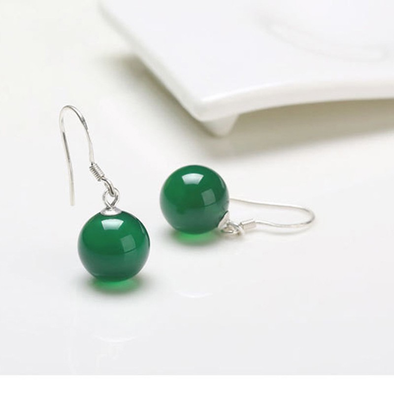 Bông tai bạc 925 dành cho phụ nữ màu xanh lá cây chalcedony ngọc bích móc tai đồ trang sức thời trang