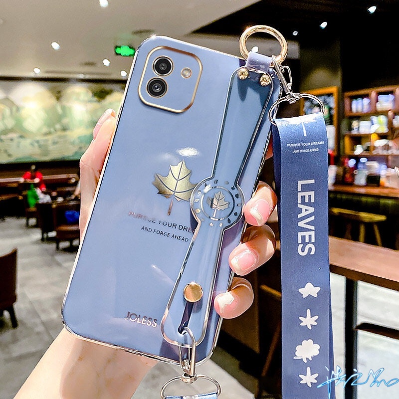 Ốp Điện Thoại Họa Tiết Lá Phong Có Dây Đeo Cổ Tay Cho Samsung A02S J7 J4 Prime Plus A03S A03 A10S A20S A21S A51 A71 4G