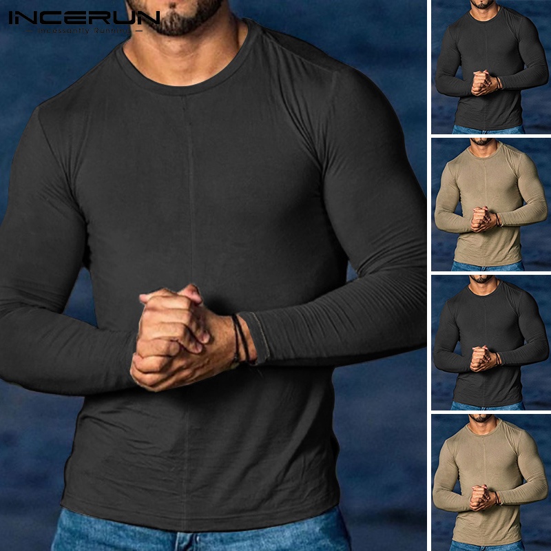Áo cotton INCERUN dài tay cổ tròn có độ co giãn thoải mái dành cho nam