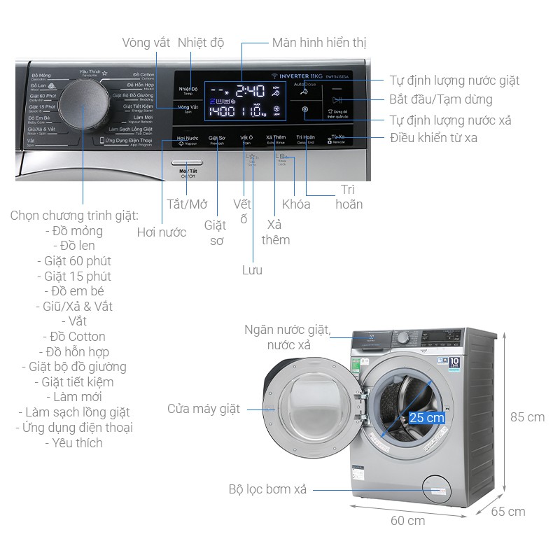 Máy giặt Electrolux 11kg Inverter màu sám bạc EWF1141SESA