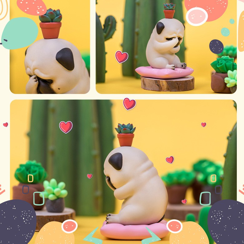 Set 5 mô hình chó pug mèo hoàng thượng biểu cảm bất lực đứng ị trong chậu trong hộp kèm phụ kiện để bàn dễ thương