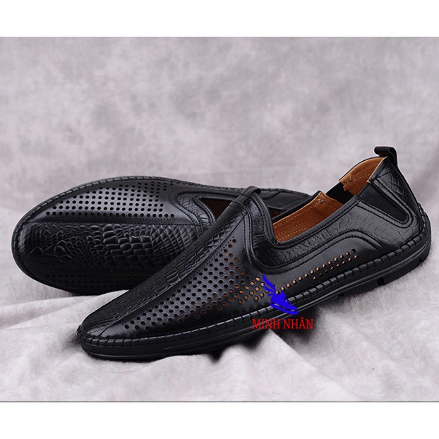 Giày rọ nam da bò cao cấp nguyên tấm Slipons đế khâu mùa hè đục lỗ thoáng khí Men’s Summer Shoes H-5 màu đen