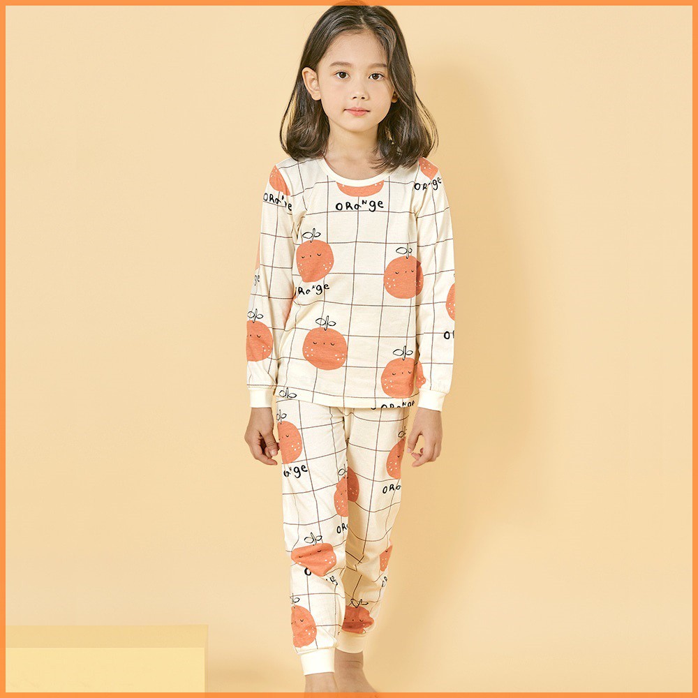 Đồ ngủ pijama tay dài 100% hữu cơ họa tiết sọc caro cam thời trang mặc nhà cho bé gái