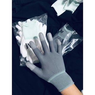 Găng Tay Phủ PU Ngón Xám [ 10 Đôi ] - Găng Tay Tĩnh Điện Phủ Pu Ngón Màu Xám Viền Xanh . Giá Sỉ