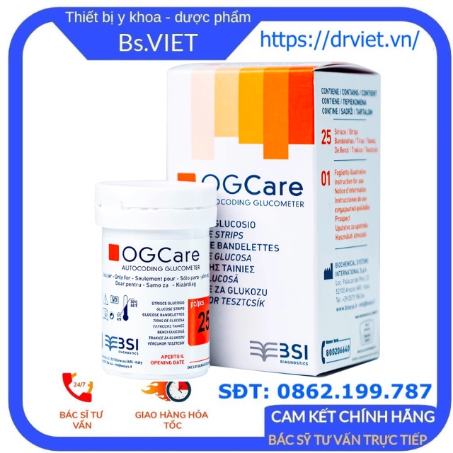 Que Thử Đường Huyết OGCARE (Hộp 25 que) chính hãng, chỉ việc cắm que vào máy là đo được ngay, không cần cài mã hóa