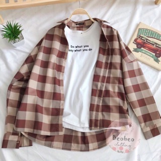 [Ảnh thật] Áo sơ mi kẻ caro oversize màu nâu lạ ulzzang