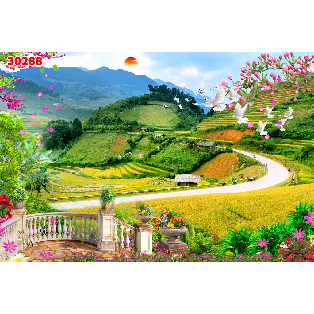 Tranh vải lụa dán tường phong cảnh thiên nhiên phòng khách, phòng ăn, phòng ngủ