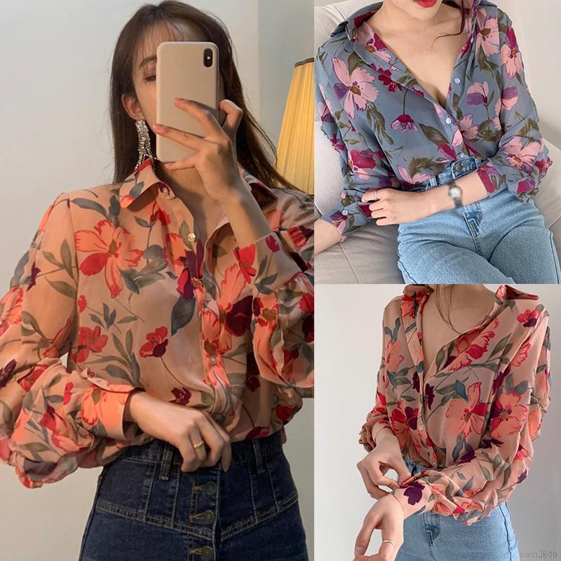 Áo Kiểu Vải Áo Sơ Mi Chiffon Tay Dài Cổ Chữ V Họa Tiết Hoa Phong Cách Hong Kong Dành Cho Nữ