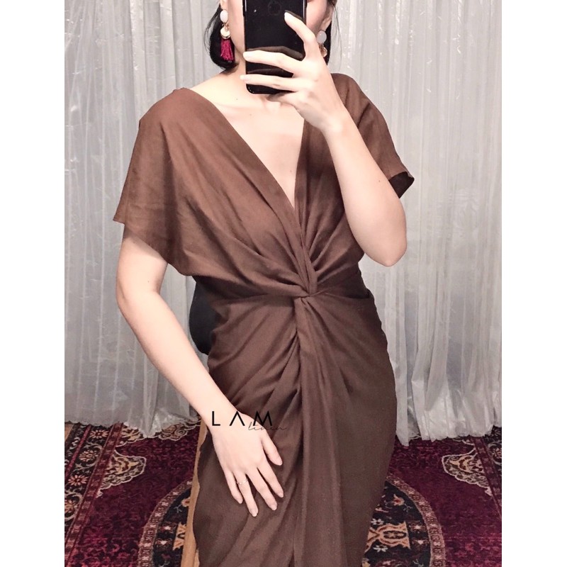 Đầm xoắn eo màu nâu - vải linen