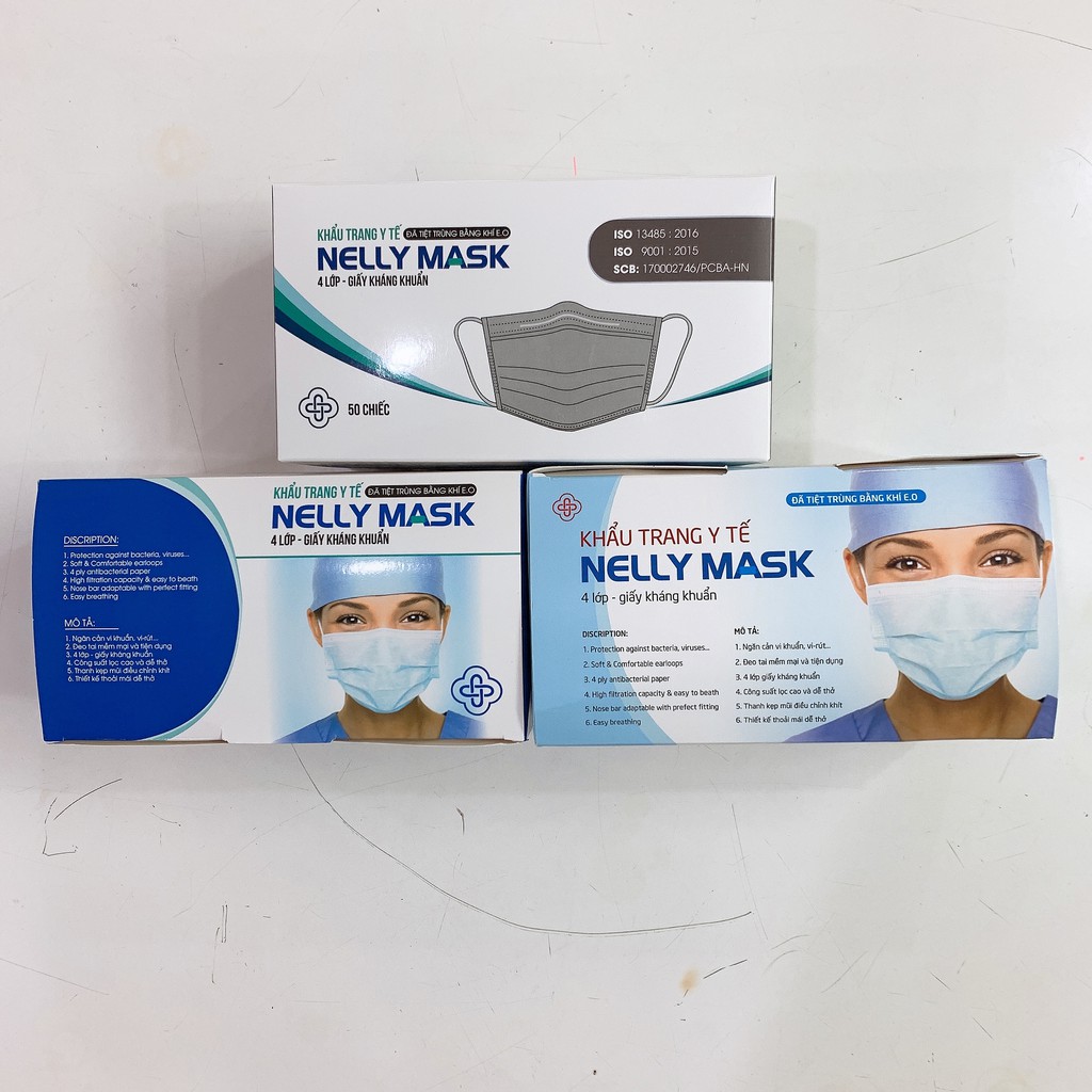 Khẩu Trang Y Tế Giấy Kháng Khuẩn 4 Lớp NELLY MASK Màu Xanh - Khẩu Trang Kháng Khuẩn Tiệt Trùng Bằng Khí E.O