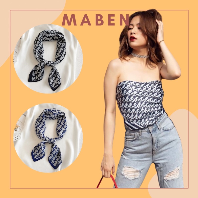 Khăn turban lụa vuông đa năng cột tóc size 70cm in hình chữ Di - Maben