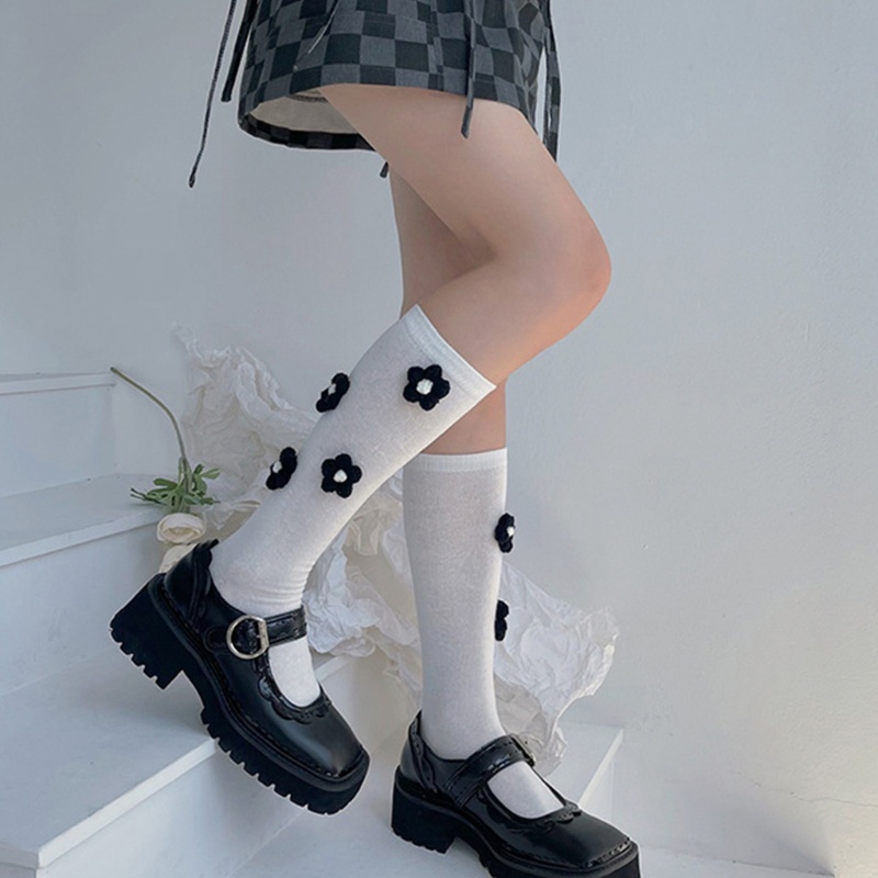 Youyo Vớ Dài Đến Bắp Chân Bằng Len Móc 3D Dễ Thương Harajuku Nhật Bản Màu Trắng Đen Hình Hoa Cho Nữ Sinh St