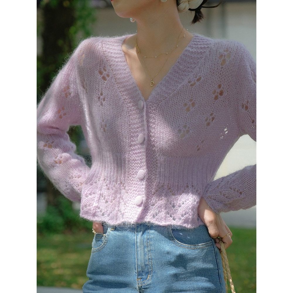 Áo Khoác Cardigan Dệt Kim Mềm Mỏng Dáng Ngắn Màu Tím Thời Trang Xuân Thu Cho Nữ