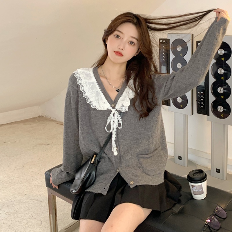 Áo len dài tay màu xám đậm của phụ nữ phong cách Nhật Bản nhẹ nhàng thiết kế áo khoác len cardigan