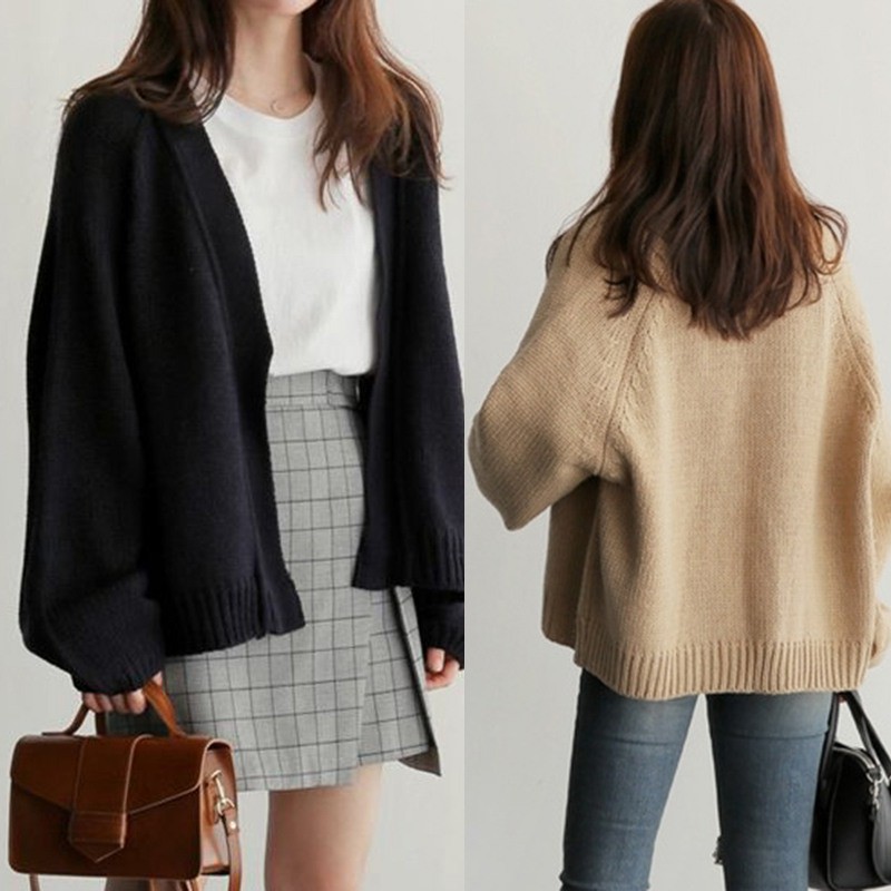 Áo khoác cardigan dệt kim dài tay dáng rộng màu trơn thanh lịch cho nữ