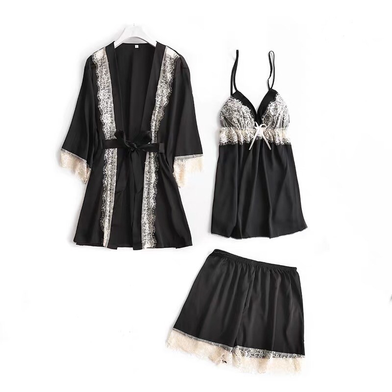 Set ngủ lụa 3 món bộ đùi 2 dây và choàng viền ren