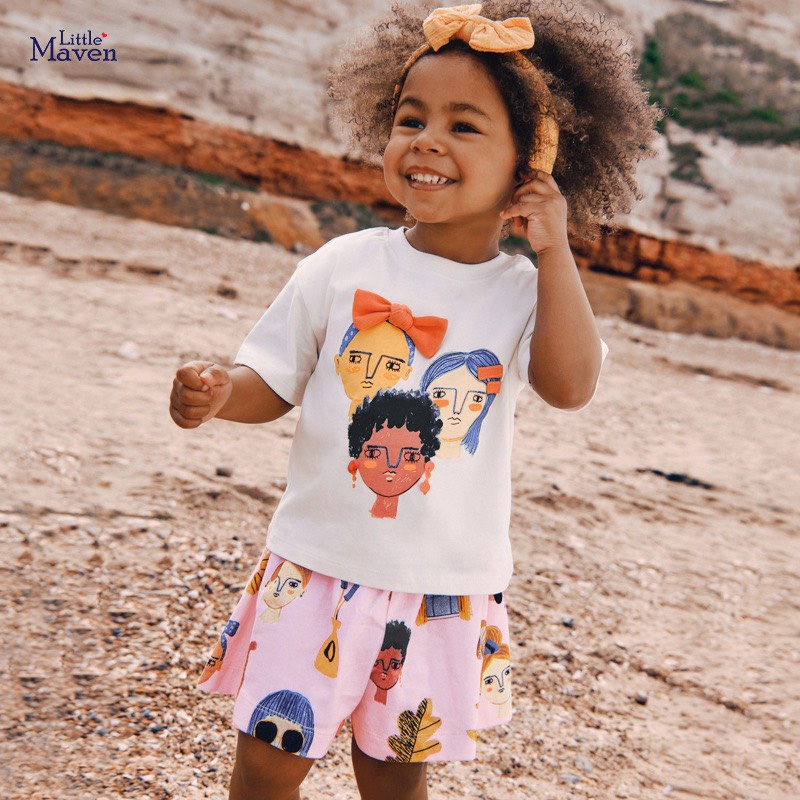 Bộ thun hè cotton trắng quần hồng họa tiết cô gái cho bé 2-7 tuổi LM20828 - Little Maven Chính Hãng