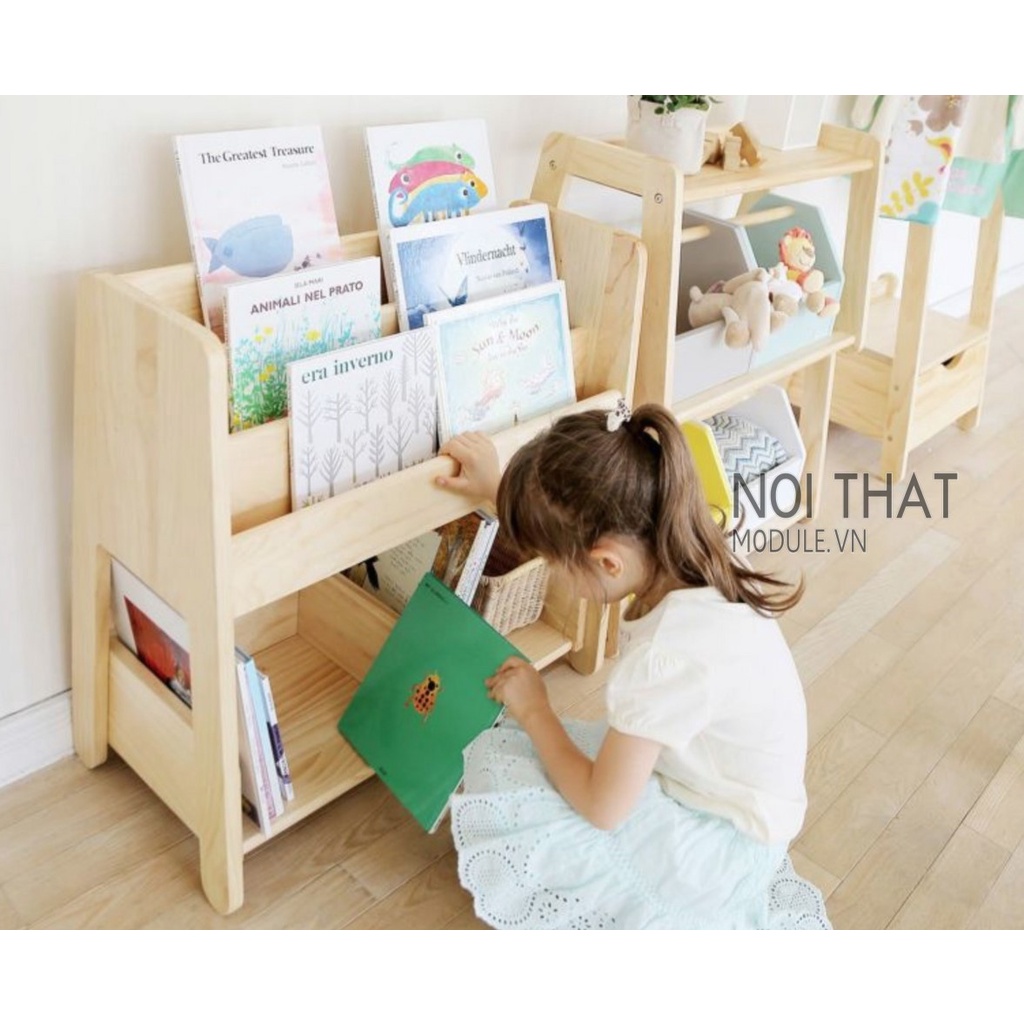 Kệ giá sách đa năng cho bé, kệ để đồ chơi sách vở montessori gỗ thông tự nhiên sx noithatmodule