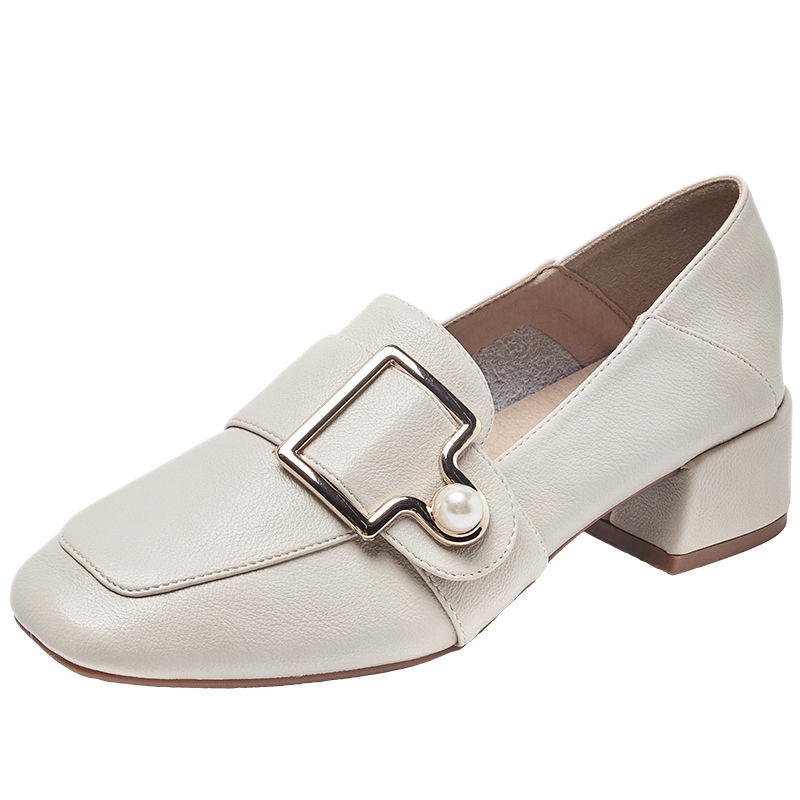 Giày da nữ gót dày mũi vuông phong cách Anh Quốc thời trang 2021