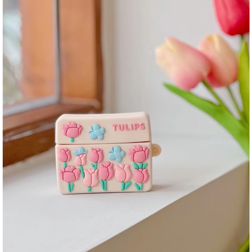 Vỏ Bảo Vệ Hộp Sạc Tai Nghe Airpod 1 2 3 pro Bằng Silicon Mềm Hình Hoa tulip Hồng 3D Dễ Thương