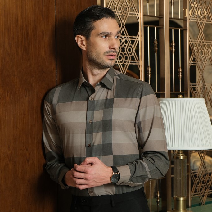 Áo sơ mi nam dài  tay TQQ dáng Công Sở Slim fit ôm nhẹ K428CS chất vải chống nhăn cùng họa tiết kẻ ghi vàng sang trọng