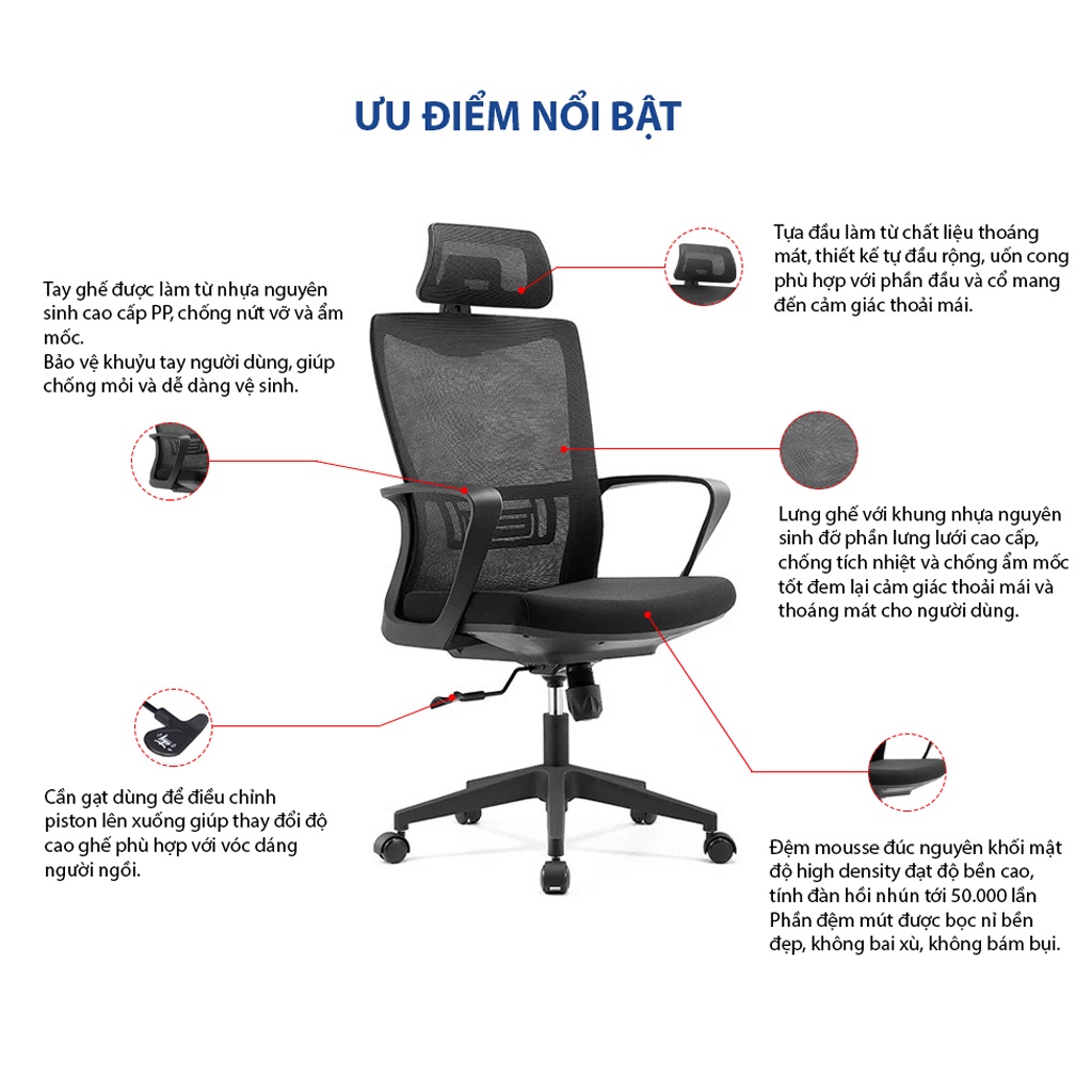 Ghế công thái học Ergonomic GOVI Ryan R01TD - Tựa đầu điều chỉnh độ cao, tựa tay cố định, mâm ghế ngả sau khóa 1 vị trí