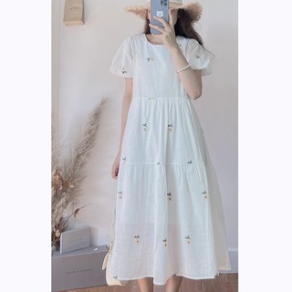 Váy babydoll hoa nhí tay phồng siêu xinh - Đầm babydoll hoa cúc vàng cổ tròn 3 tầng