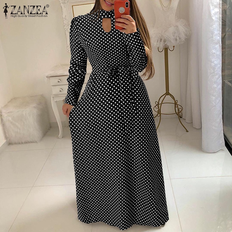 Đầm maxi ZANZEA tay dài cổ đứng họa tiết chấm bi thời trang dành cho nữ