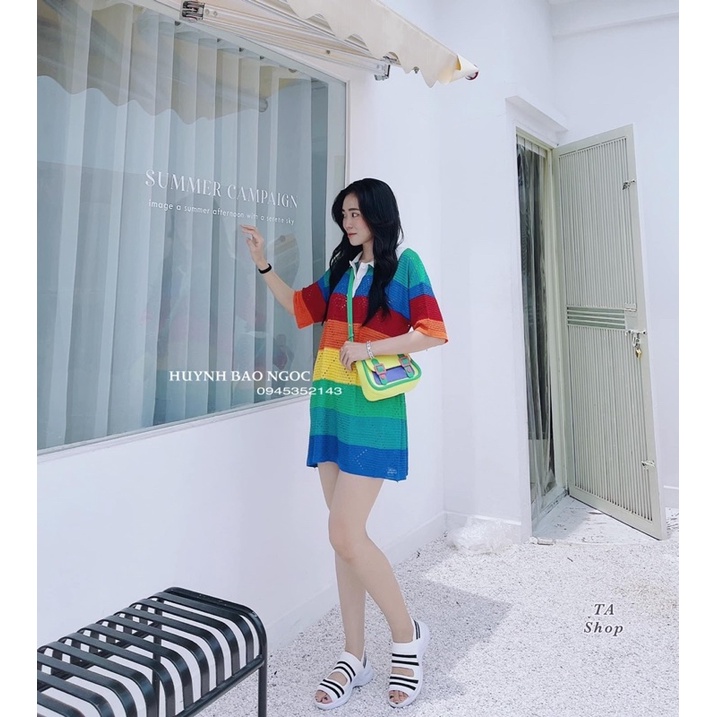 Váy Len Polo Cầu Vòng, Kẻ ngang dáng xuông dài trên gối V059