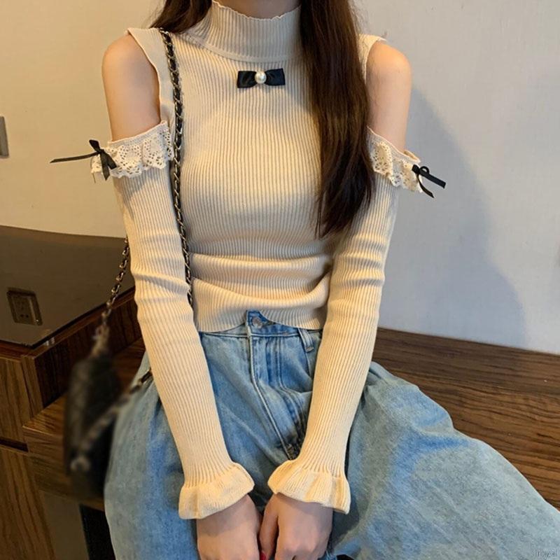 Áo Sweater Dệt Kim Tay Dài Dáng Rộng Hở Vai Thời Trang Mùa Thu Phong Cách Hàn Quốc Cho Nữ