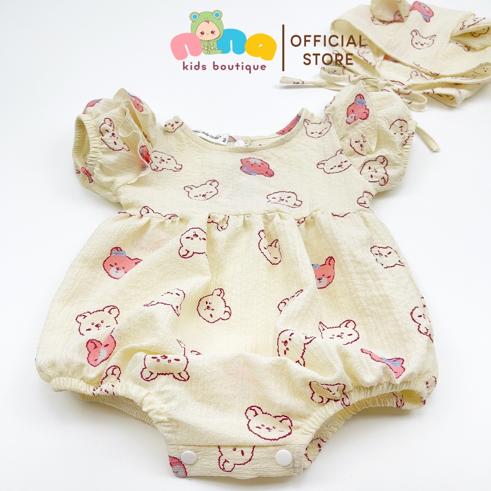 Body cộc tay cho bé gái Nina Kids Boutique Bodysuit sơ sinh họa tiết gấu kèm nón Size 3kg đến 13kg