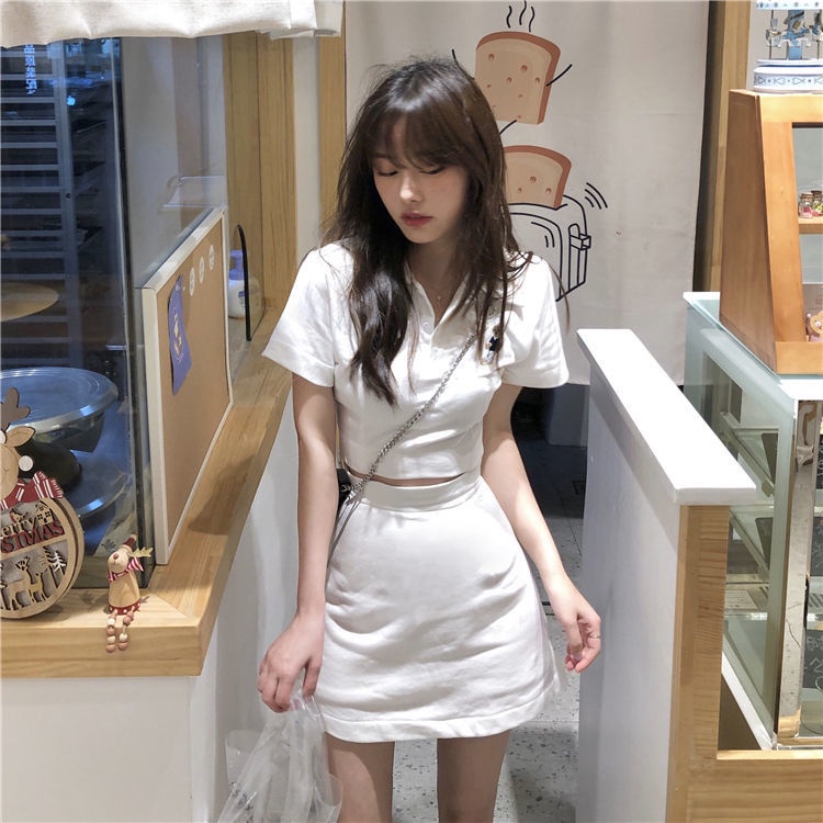 Bộ Áo Thun Ngắn Tay + Chân Váy Lưng Cao Thời Trang Mùa Hè Dành Cho Nữ