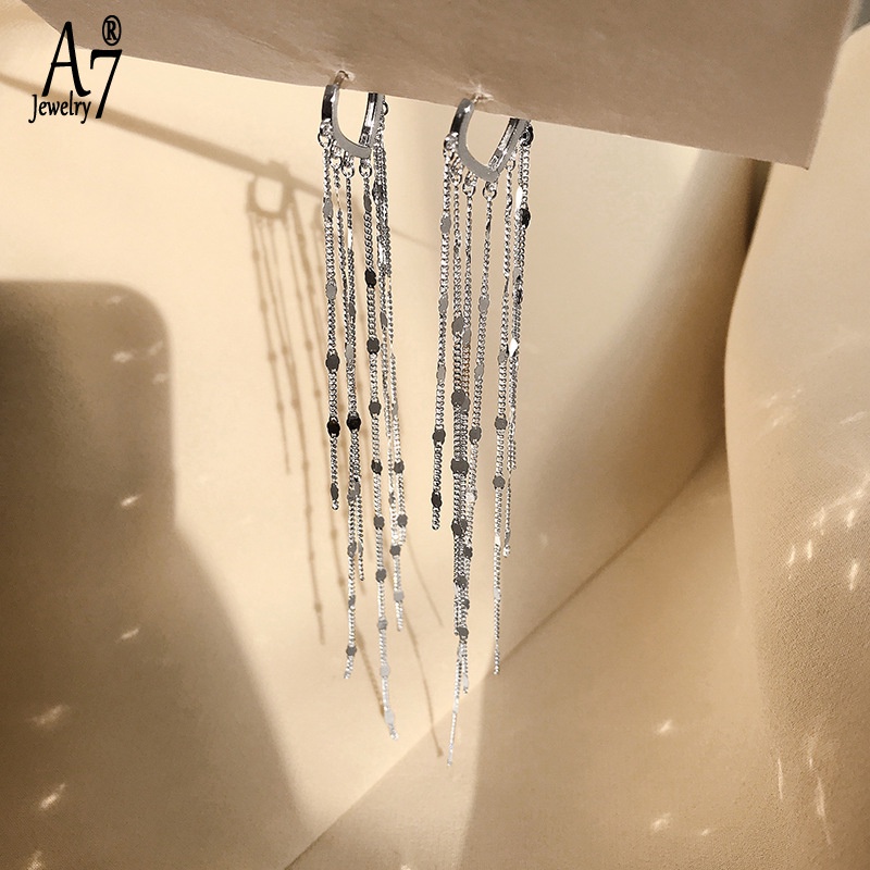 A7| Bông Tai Bạc 925 Dáng Dài Phối Tua Rua Hình Trái Tim Thời Trang X4Y51