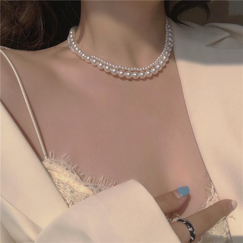 Vòng Cổ Choker Hai Lớp Đính Hạt Ngọc Trai Thời Trang Thanh Lịch Cho Nữ