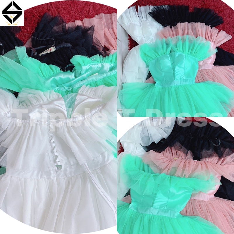 Đầm dự tiệc TRIPBLE T DRESS đuôi tôm xéo xếp tầng trễ vai lưới phói nơ đen eo - size M/L - MS8Y