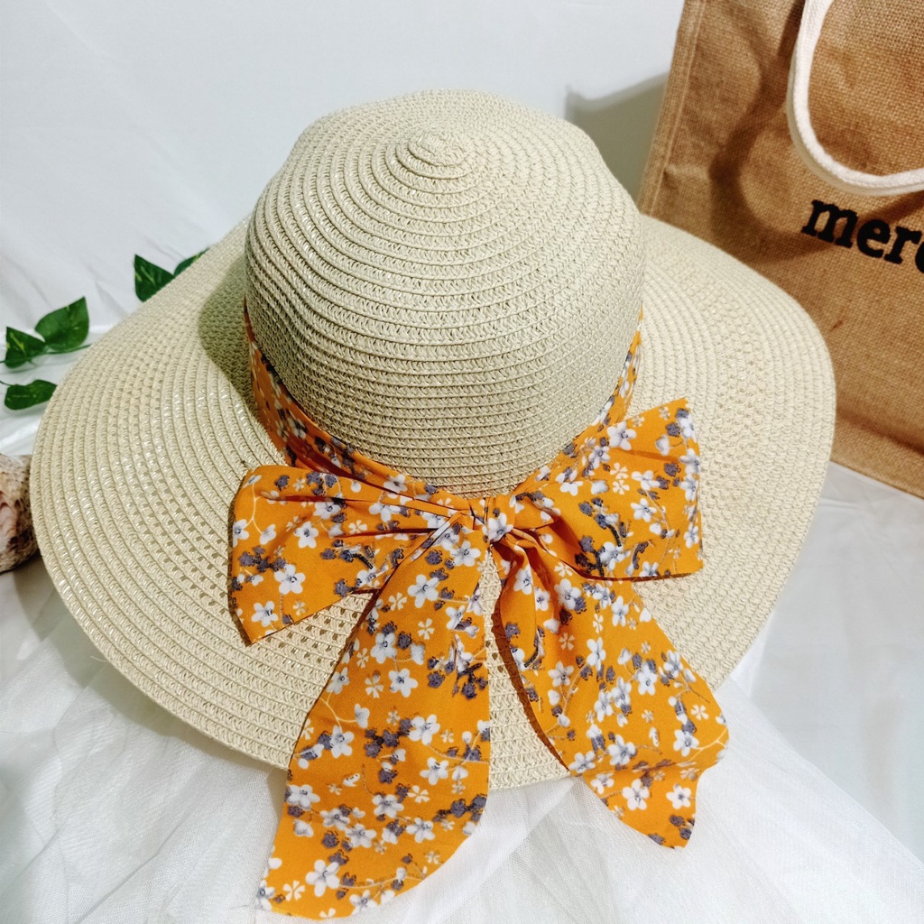 Nón cói/mũ cói nữ đi biển vành rộng phối nơ voan to sang chảnh hình chụp thật-vành rộng nơ voan